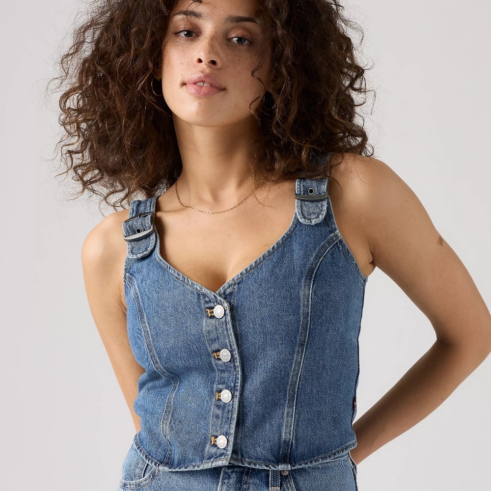 Levi's Denim Crop Top With Buttons and Buckle Straps - Blue - Size XXL